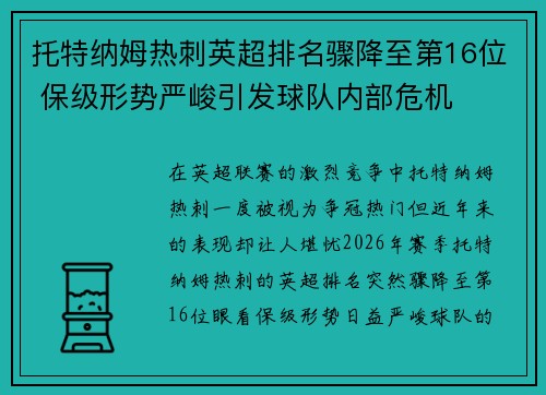 托特纳姆热刺英超排名骤降至第16位 保级形势严峻引发球队内部危机